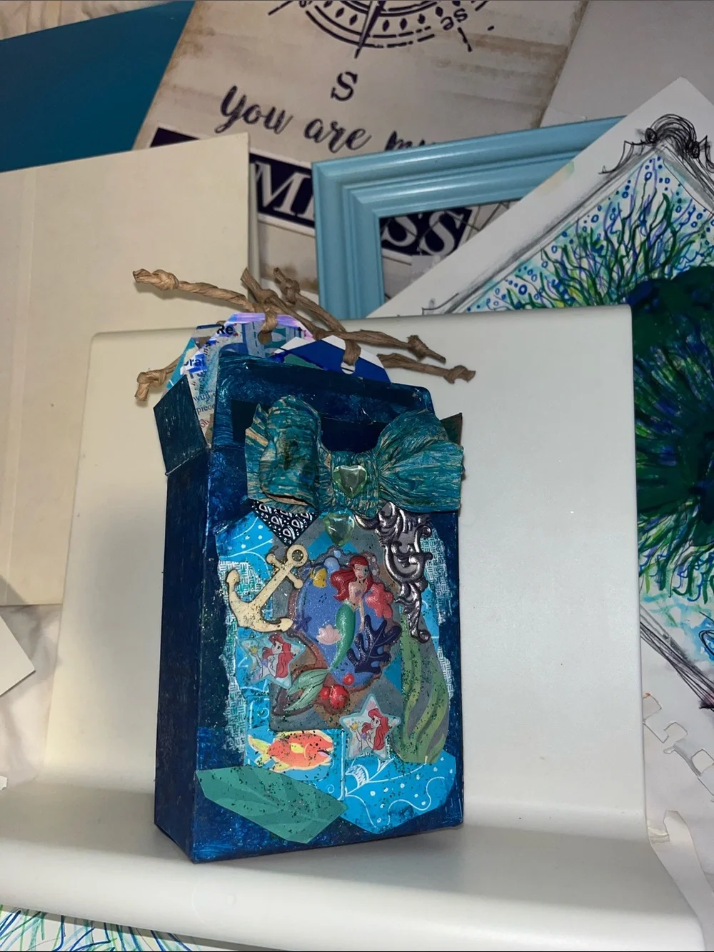 1of a kind new upcycled Handmade Mermaid ocean Mixed-Media treasure art card box
